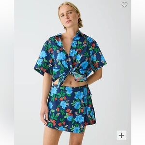 NWT J. Crew Cotton poplin side-tie skort in blue peony print